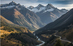 Vista panorámica del valle y las montañas del Cajón del Maipo.