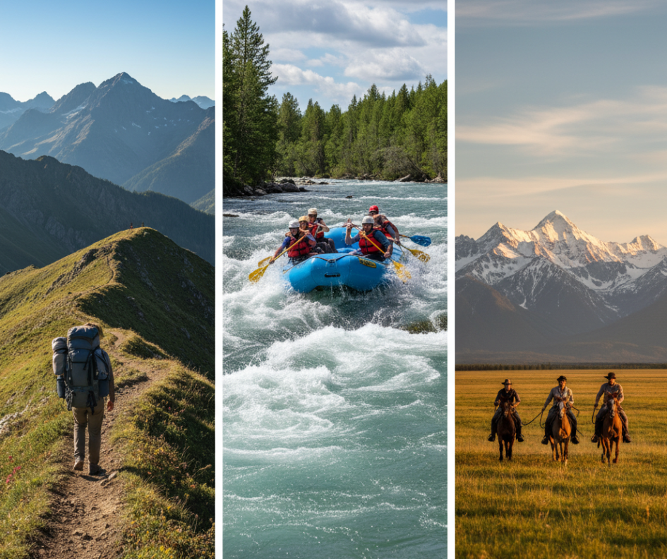 Collage de actividades de aventura en el Cajón del Maipo: trekking, rafting y cabalgata.