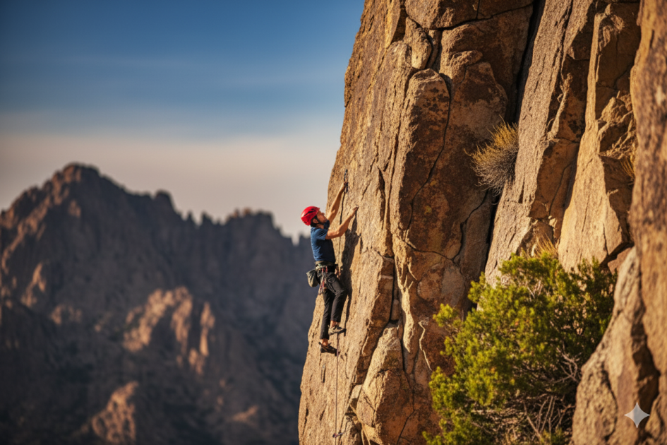 Deportista practicando escalada en las paredes de roca de El Manzano.